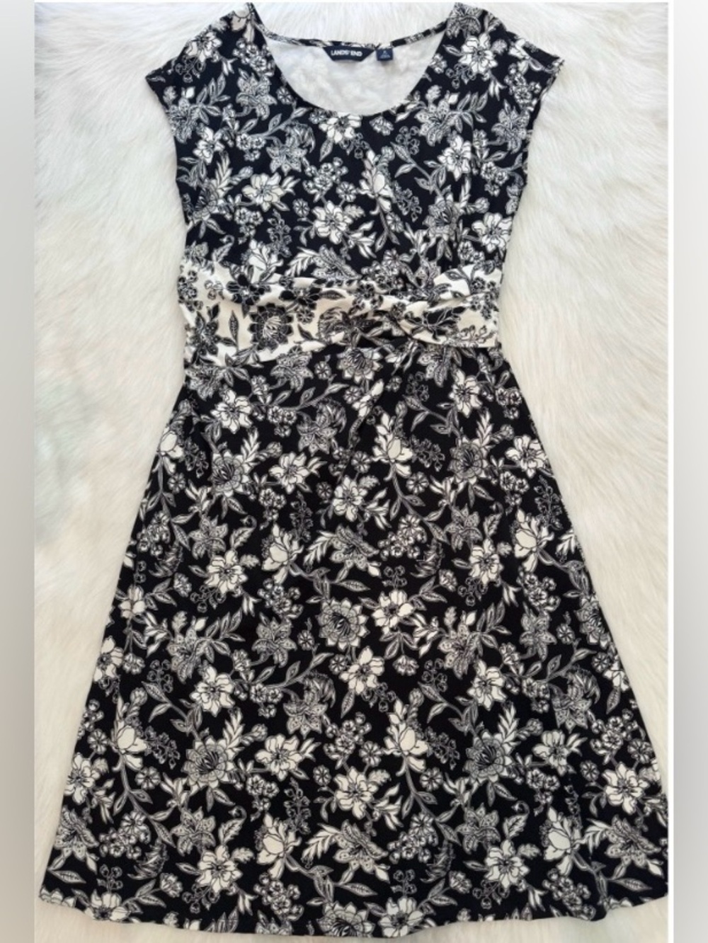Lands' End Black + White Floral Fit+Flare Dress  17"W x 42"L has Stretch